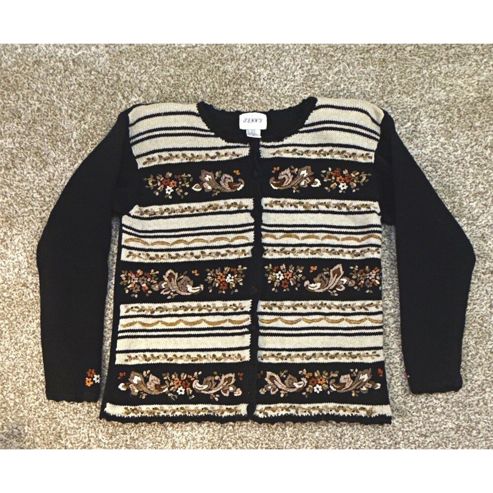 Vintage Jenny Cardigan Womens M Embroidered Floral Ramie Cotton Knit Sweater